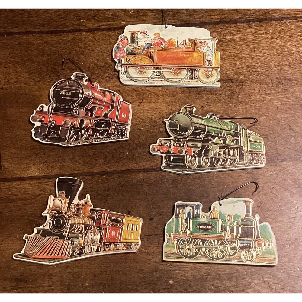 5 Vintage Style Train Heavy Cardboard 2-sided Gold Accents Christmas Ornaments